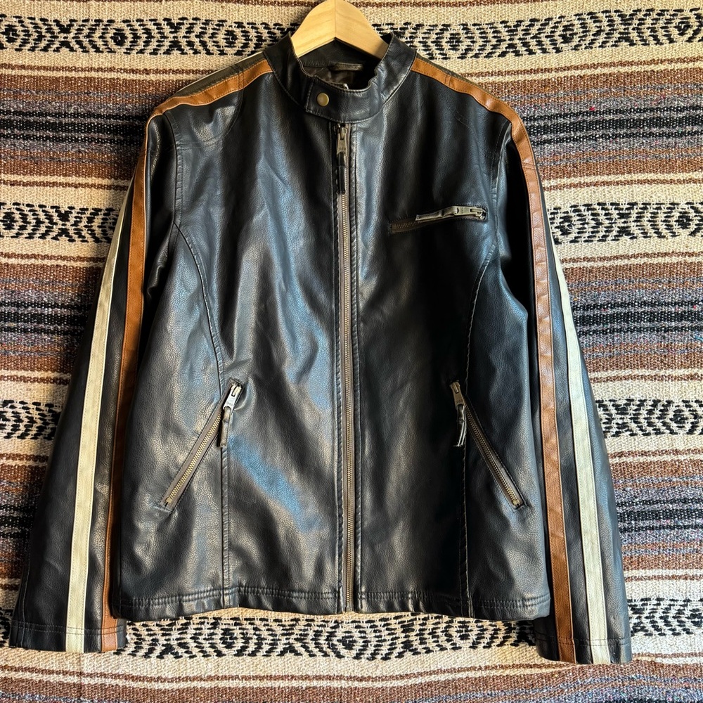 Arizona Jean Co Mens Faux Leather Moto Jacket Medium Black Brown Cream Racing